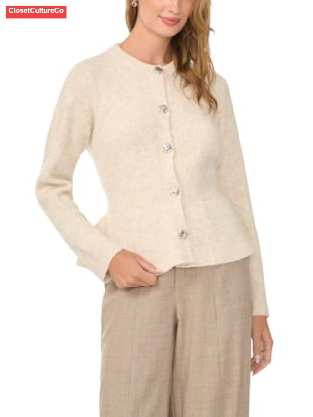 Short Sleeve Crew Neck Cardigan with Peplum